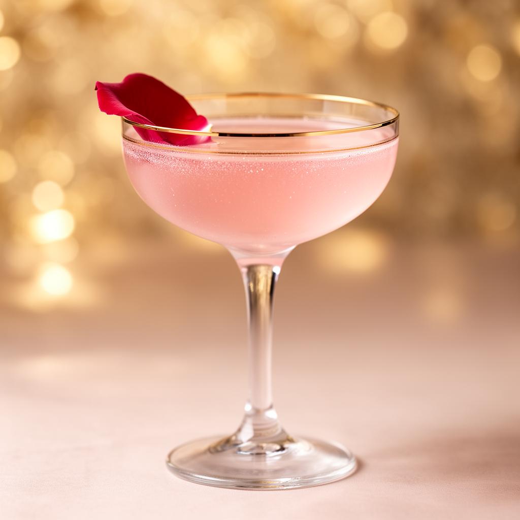 An elegant blush pink cocktail in a delicate coupe glass with a rose petal garnish and golden bokeh